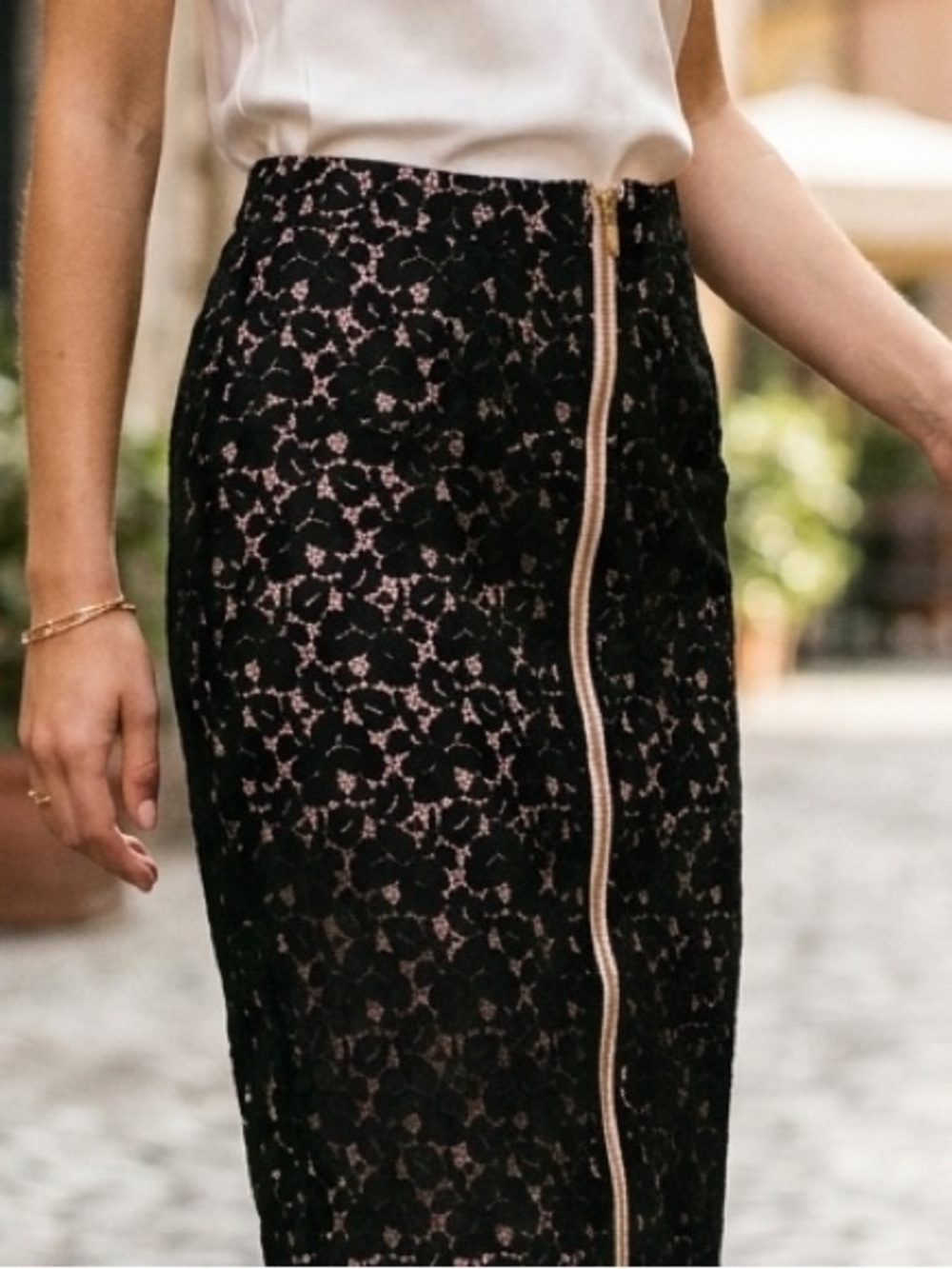 Black Lace Pencil Skirt with Pink Underlay